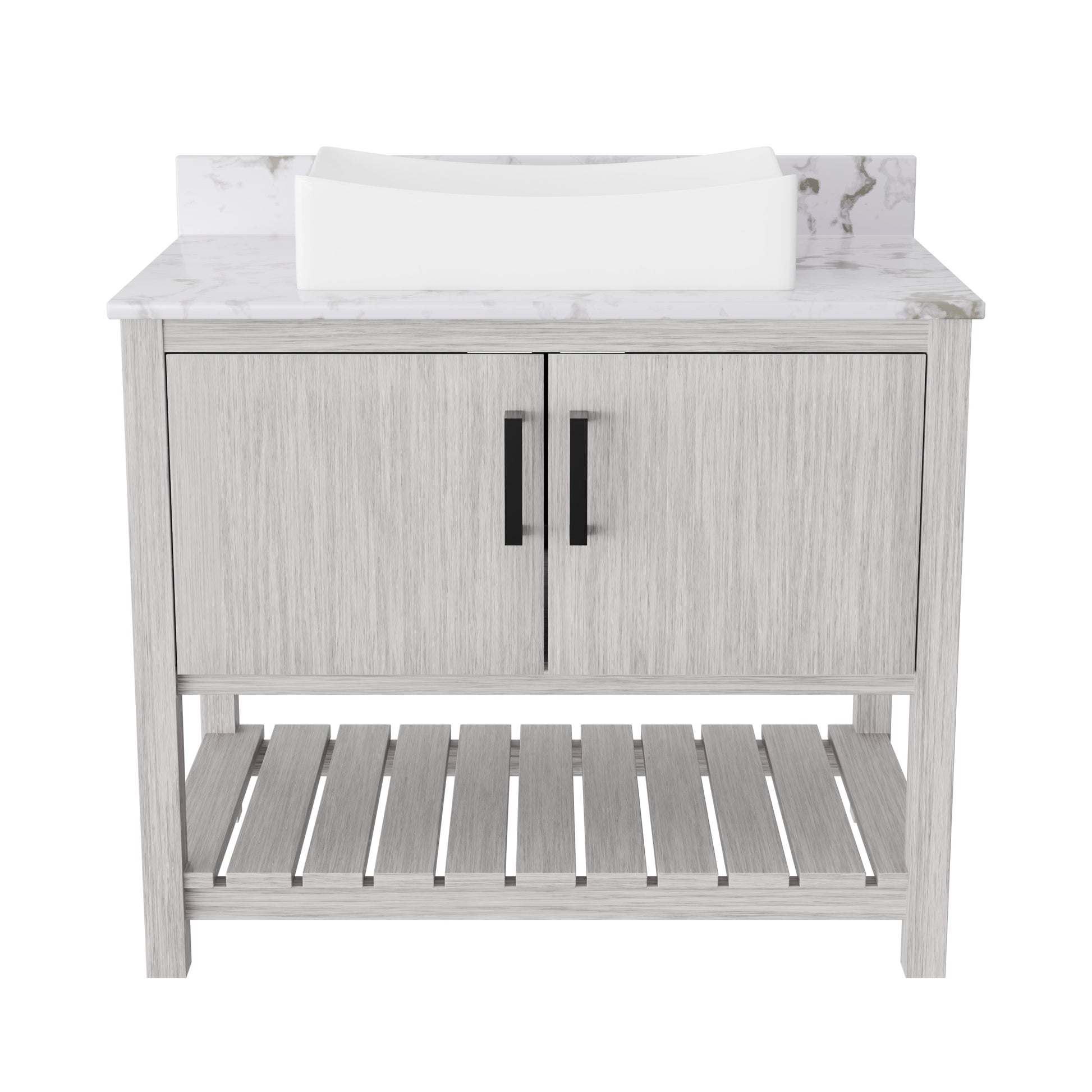 36-inch Novatto bath vanity with cafe mocha quartz countertop and sink, showcasing modern bathroom accessory design.