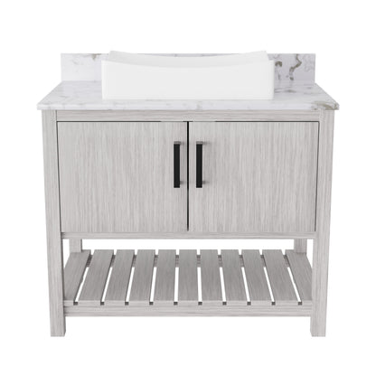 36-inch Novatto bath vanity with cafe mocha quartz countertop and sink, showcasing modern bathroom accessory design.