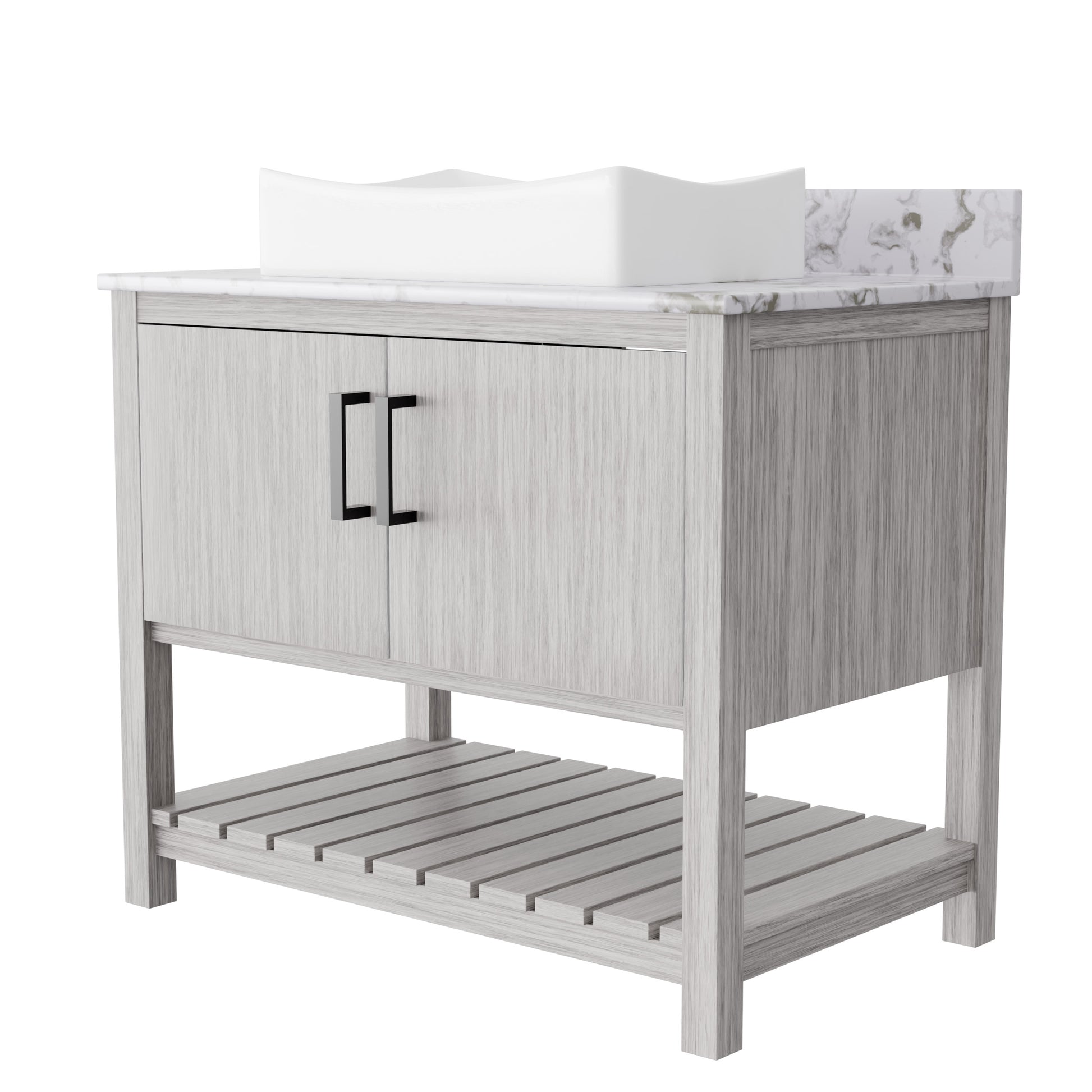 36-inch Novatto bath vanity with cafe mocha quartz countertop and integrated sink, showcasing sleek bathroom accessory design