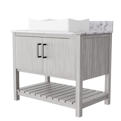 36-inch Novatto bath vanity with cafe mocha quartz countertop and integrated sink, showcasing sleek bathroom accessory design