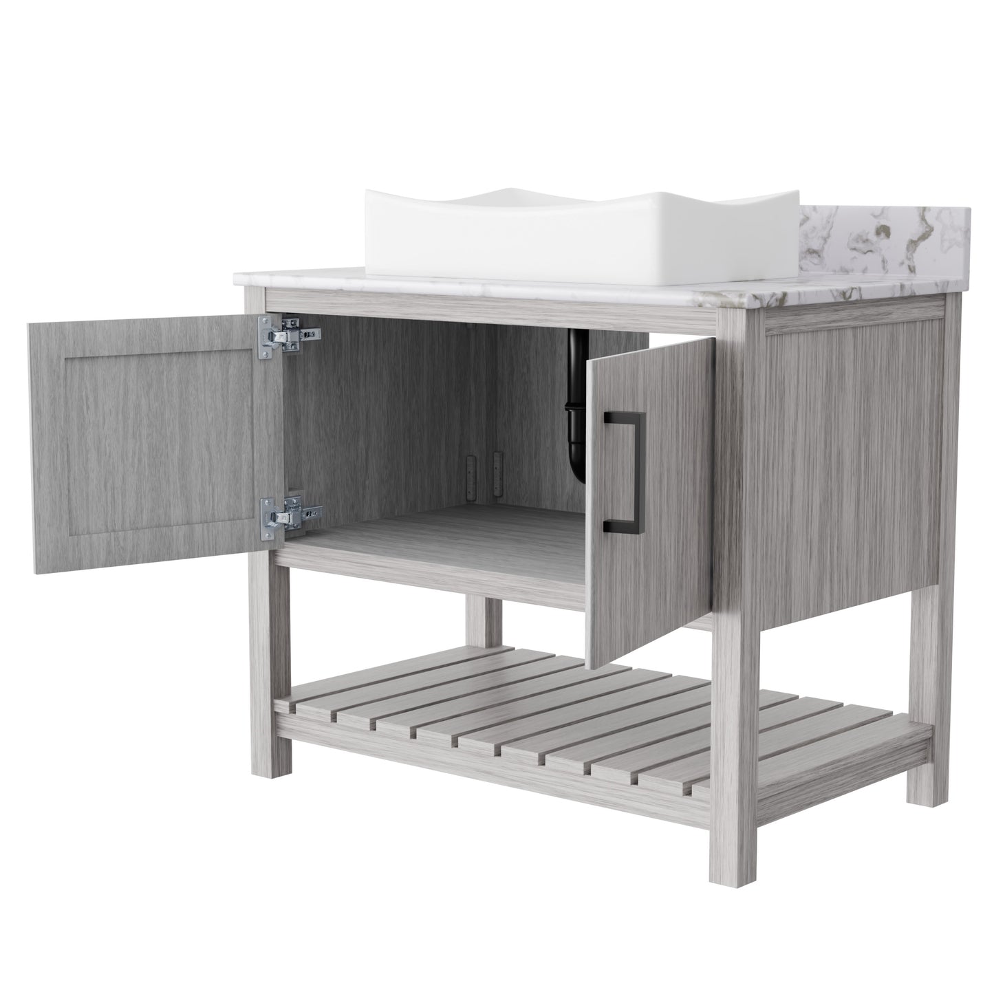 36-inch Novatto bath vanity with cafe mocha quartz countertop and sink, featuring a sleek, modern bathroom accessory design.