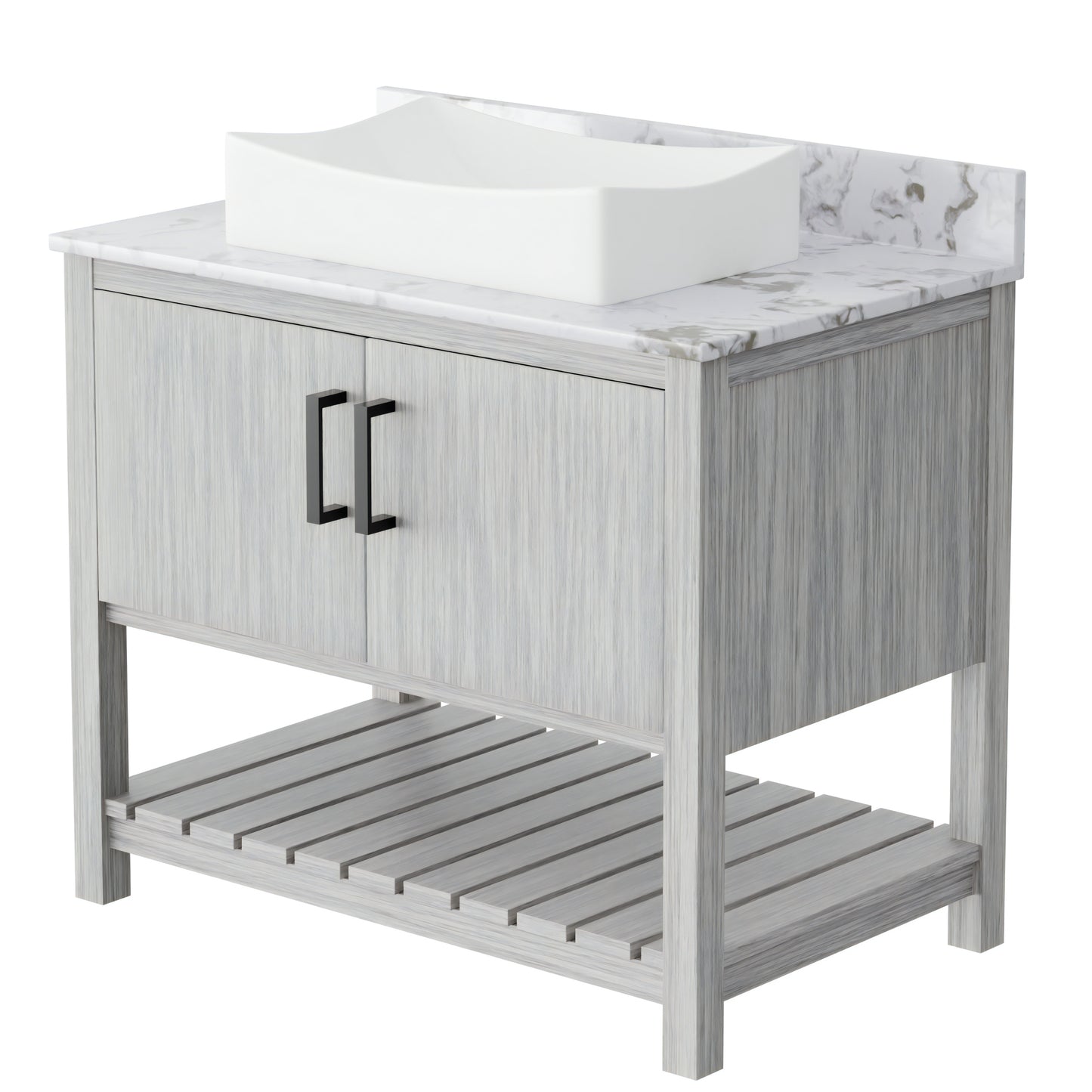 36-inch Novatto bath vanity with cafe mocha quartz countertop and integrated sink, showcasing sleek bathroom accessory design