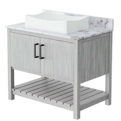 36-inch Novatto bath vanity with cafe mocha quartz countertop and integrated sink, showcasing sleek bathroom accessory design