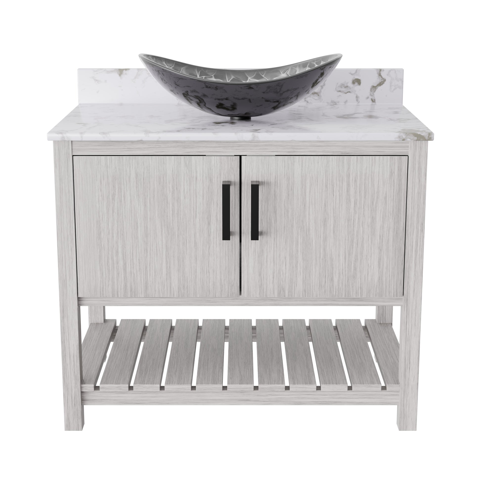 Novatto 36-inch bath vanity with Cafe Mocha quartz countertop and sink, featuring a sleek modern design and durable construction.