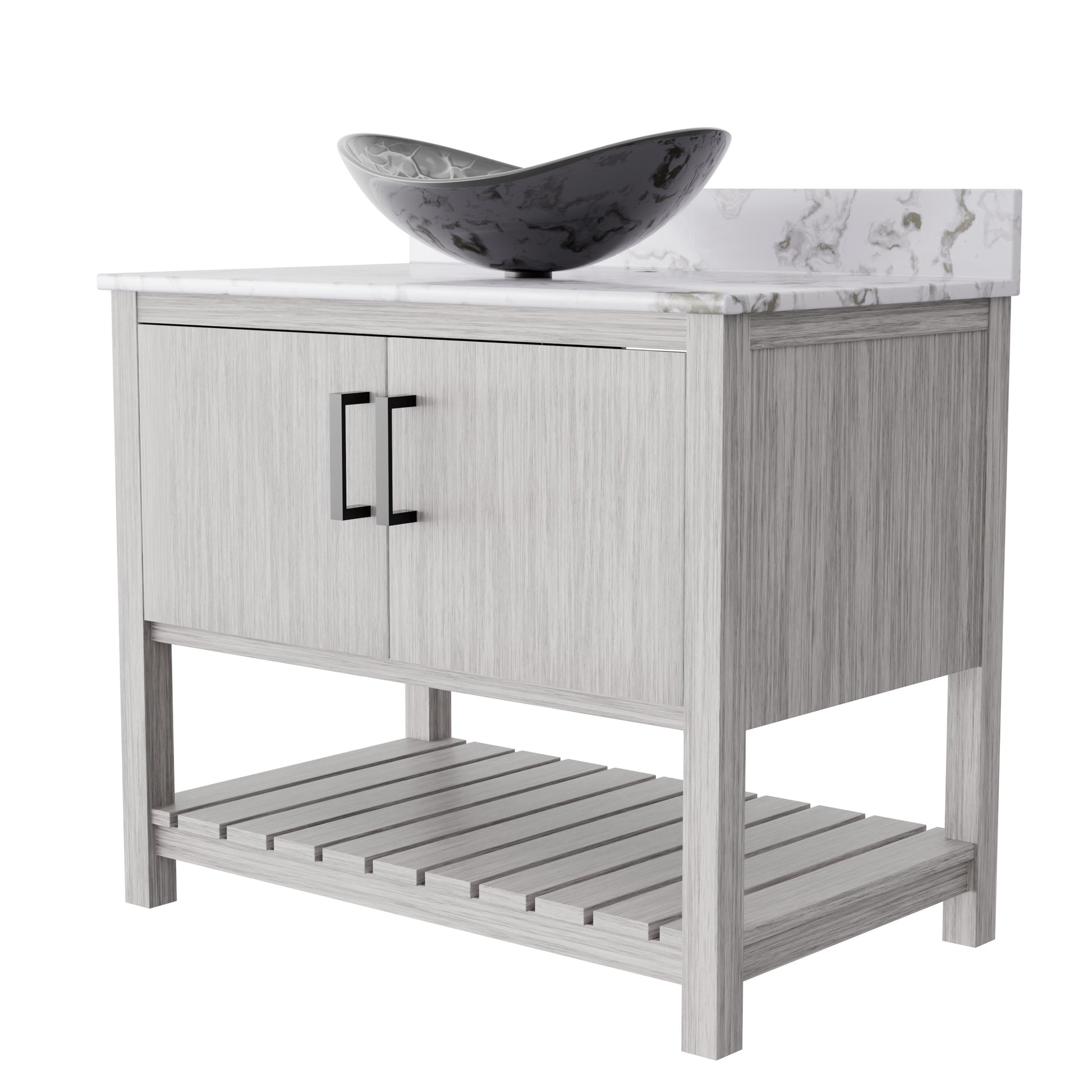 Novatto 36-inch bath vanity with cafe mocha quartz countertop and integrated sink, modern bathroom accessory.