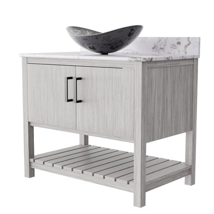 Novatto 36-inch bath vanity with cafe mocha quartz countertop and integrated sink, modern bathroom accessory.
