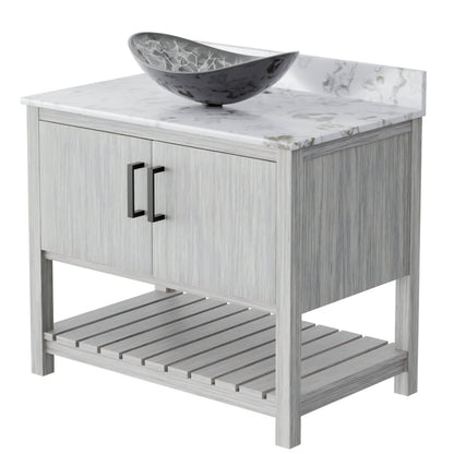 Novatto 36-inch bath vanity with cafe mocha quartz counter and sink, showing the sleek bathroom accessory with modern design.