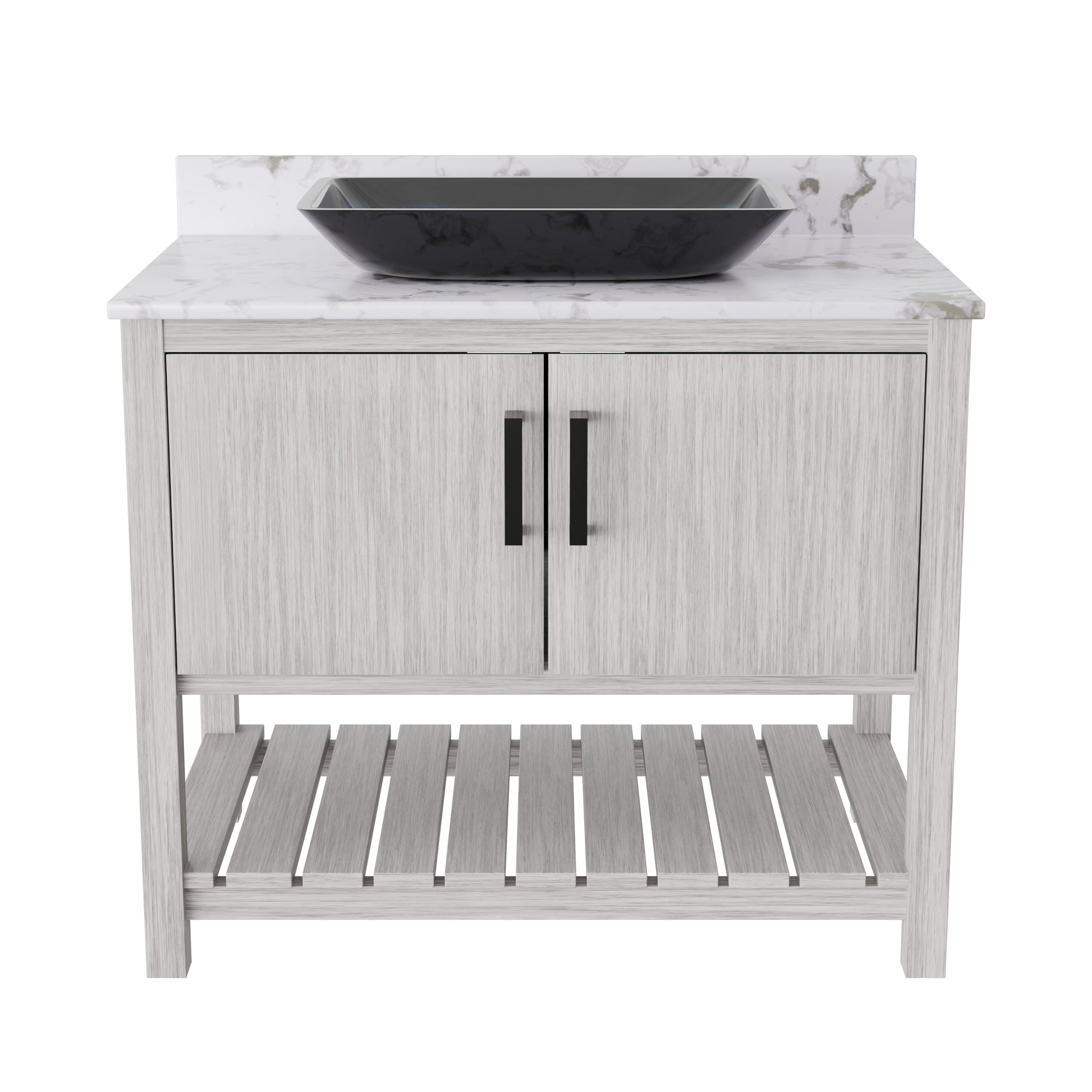 36-inch Novatto bath vanity with cafe mocha quartz countertop and sink, showcasing sleek design and modern bathroom accessory.