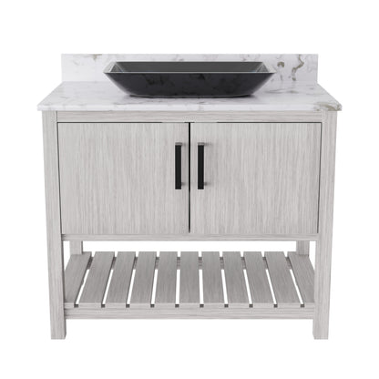 36-inch Novatto bath vanity with cafe mocha quartz countertop and sink, showcasing sleek design and modern bathroom accessory.