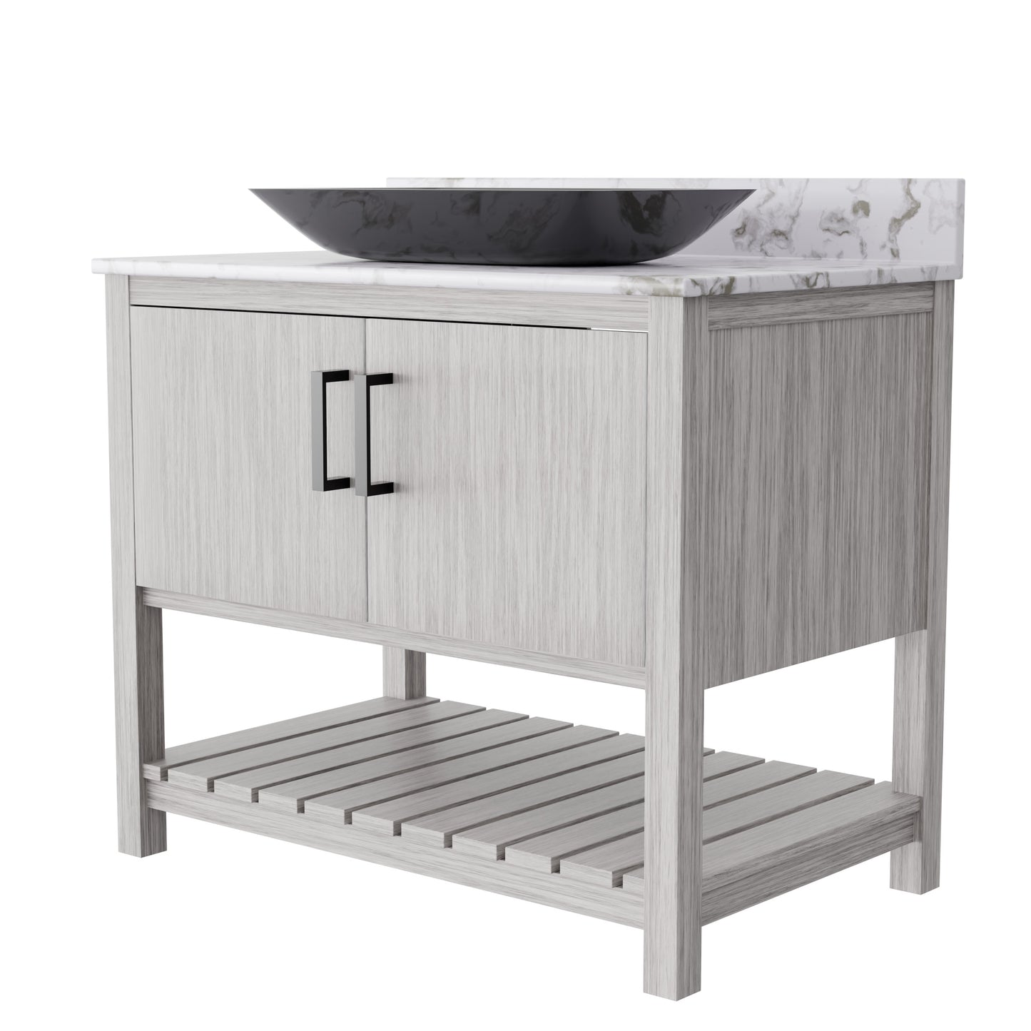Novatto 36-inch bath vanity with cafe mocha quartz countertop and sink, showcasing sleek bathroom accessory design.