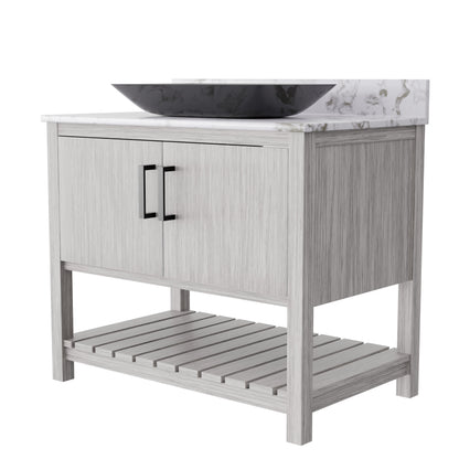 Novatto 36-inch bath vanity with cafe mocha quartz countertop and sink, showcasing sleek bathroom accessory design.