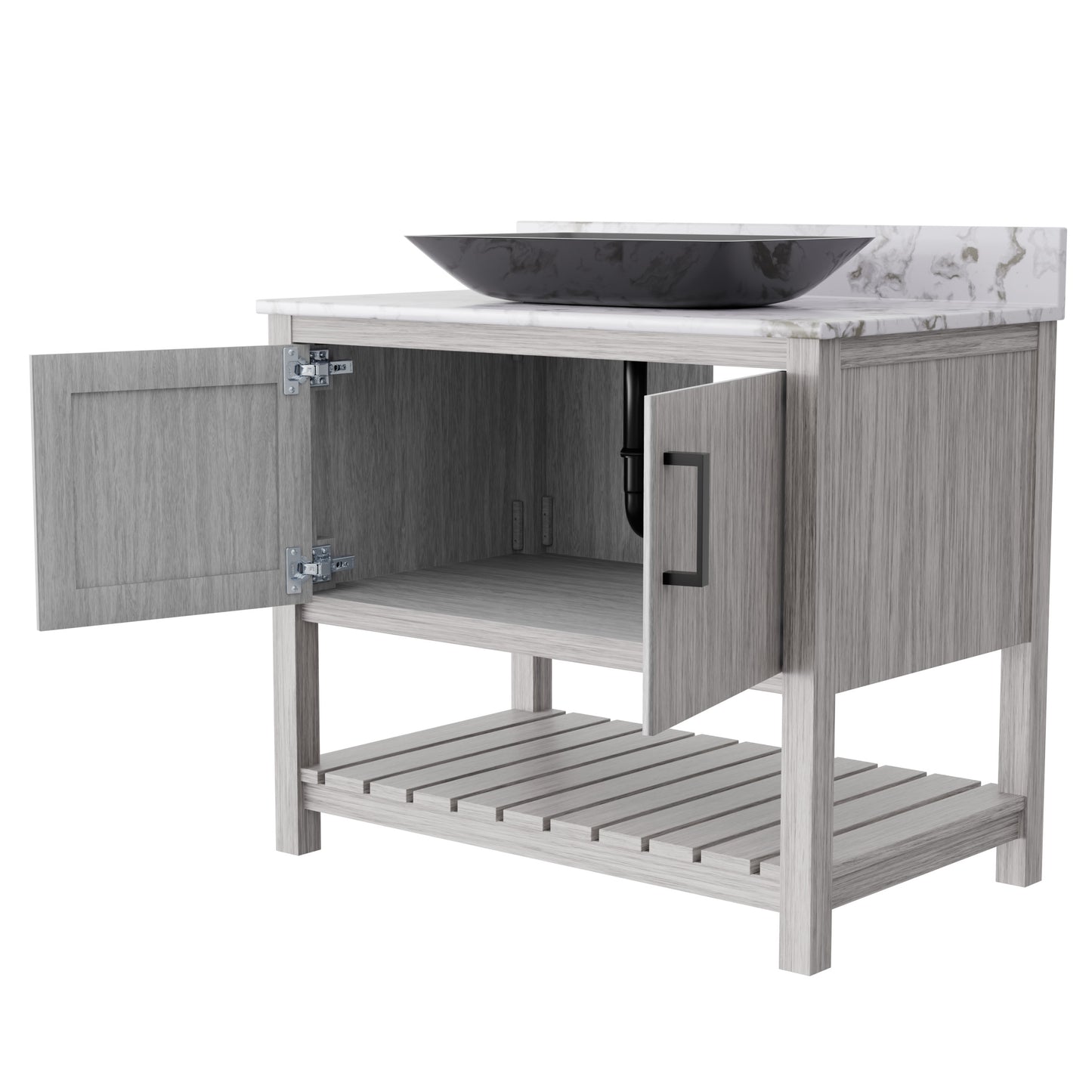 36-inch Novatto bath vanity with cafe mocha quartz countertop and integrated sink, shown with sleek modern design.