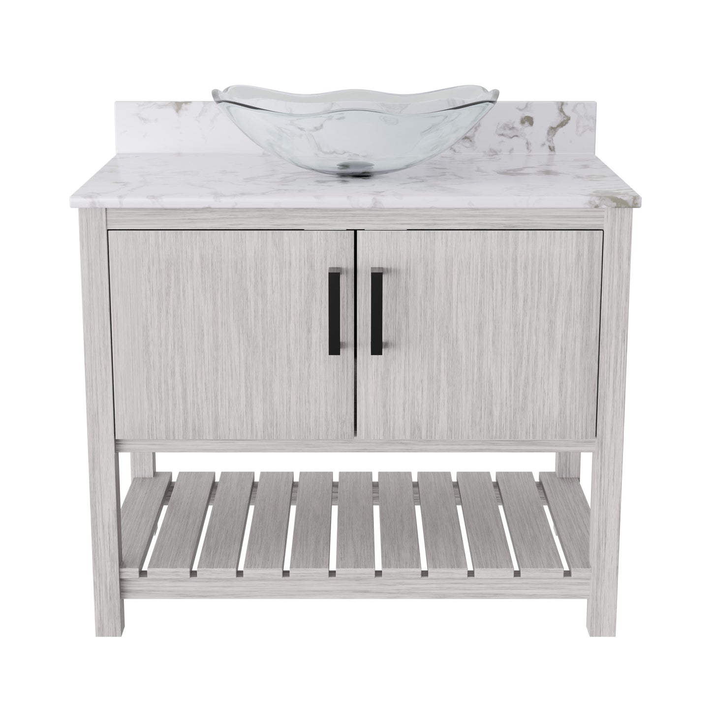 Novatto 36-inch bath vanity with cafe mocha quartz countertop and integrated sink, modern bathroom accessory.
