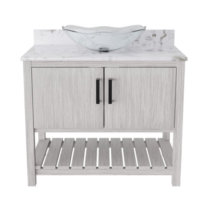 Novatto 36-inch bath vanity with cafe mocha quartz countertop and integrated sink, modern bathroom accessory.