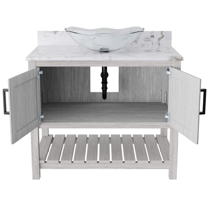 Novatto 36-inch bath vanity with cafe mocha quartz countertop and sink, featuring modern bathroom accessory design.