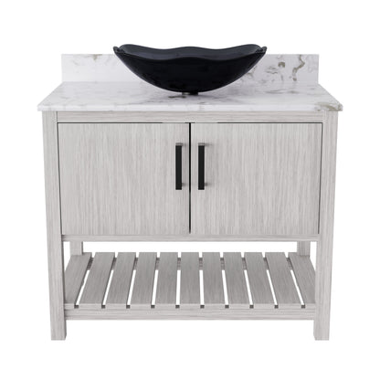 36-inch Novatto bathroom vanity with cafe mocha quartz countertop and integrated sink, stylish accessory for modern bathrooms.