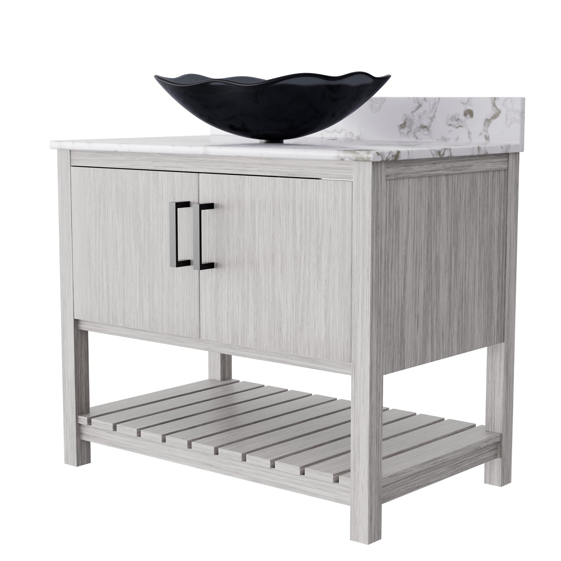 Novatto 36-inch bath vanity with cafe mocha quartz countertop and integrated sink, modern bathroom accessory with stylish design.