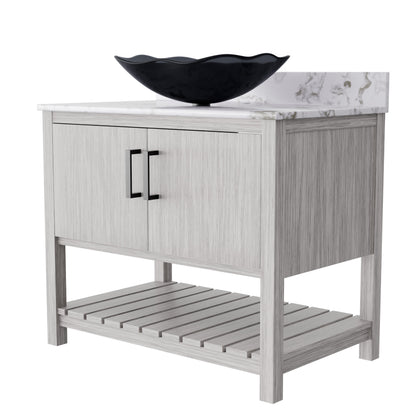 Novatto 36-inch bath vanity with cafe mocha quartz countertop and integrated sink, modern bathroom accessory with stylish design.
