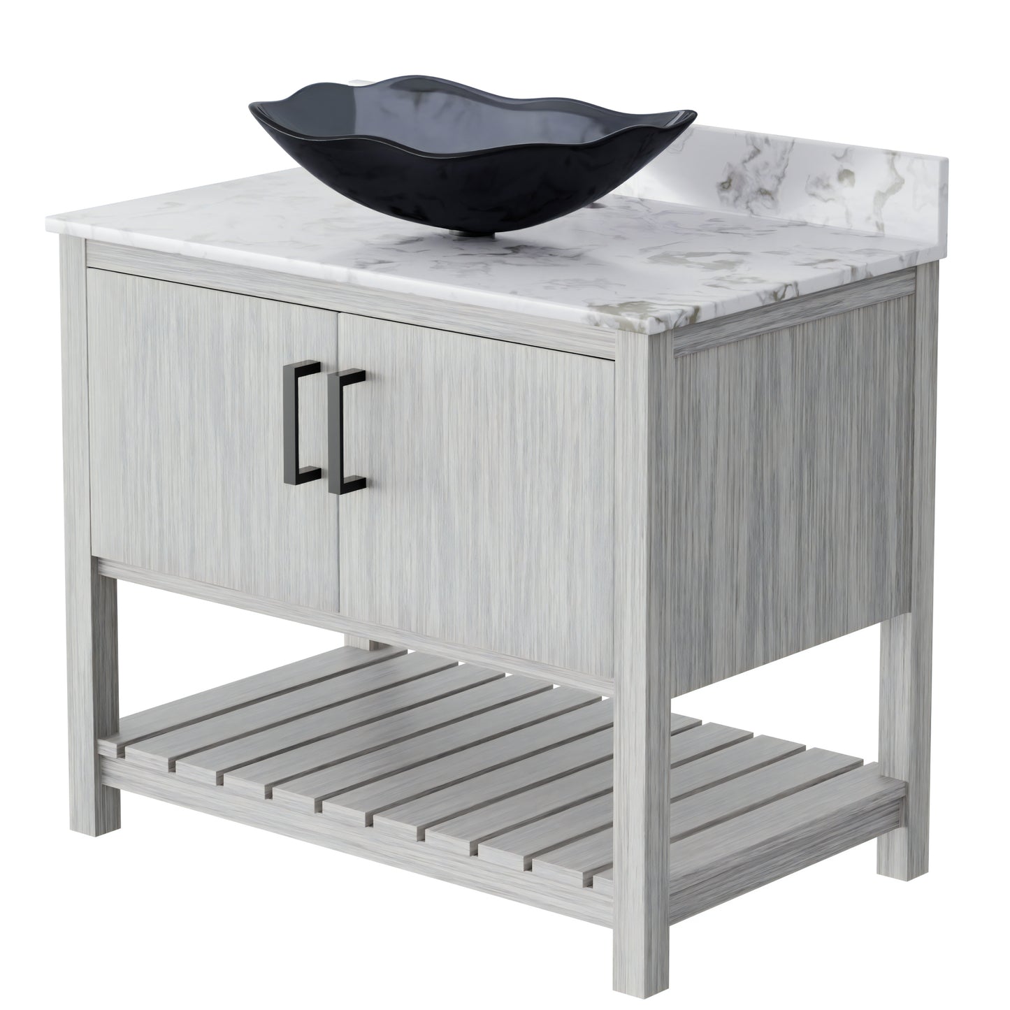 36-inch Novatto bath vanity with cafe mocha quartz countertop and integrated sink, showcasing sleek bathroom accessory design.