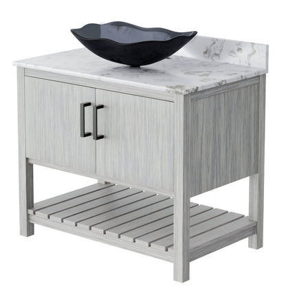 36-inch Novatto bath vanity with cafe mocha quartz countertop and integrated sink, showcasing sleek bathroom accessory design.