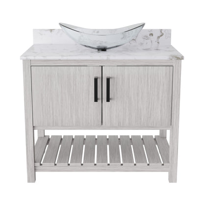 36-inch Novatto bath vanity with cafe mocha quartz counter and integrated sink, showcasing modern bathroom accessory design.