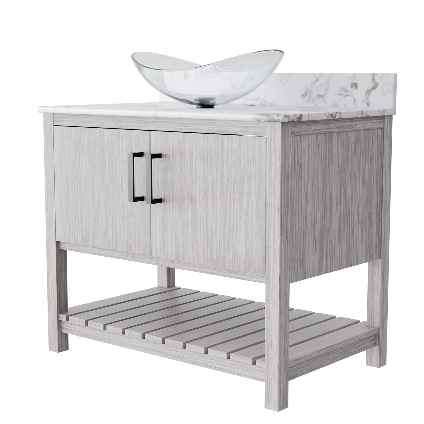 36-inch Novatto bath vanity with cafe mocha quartz countertop and sink, showcasing a modern bathroom accessory.