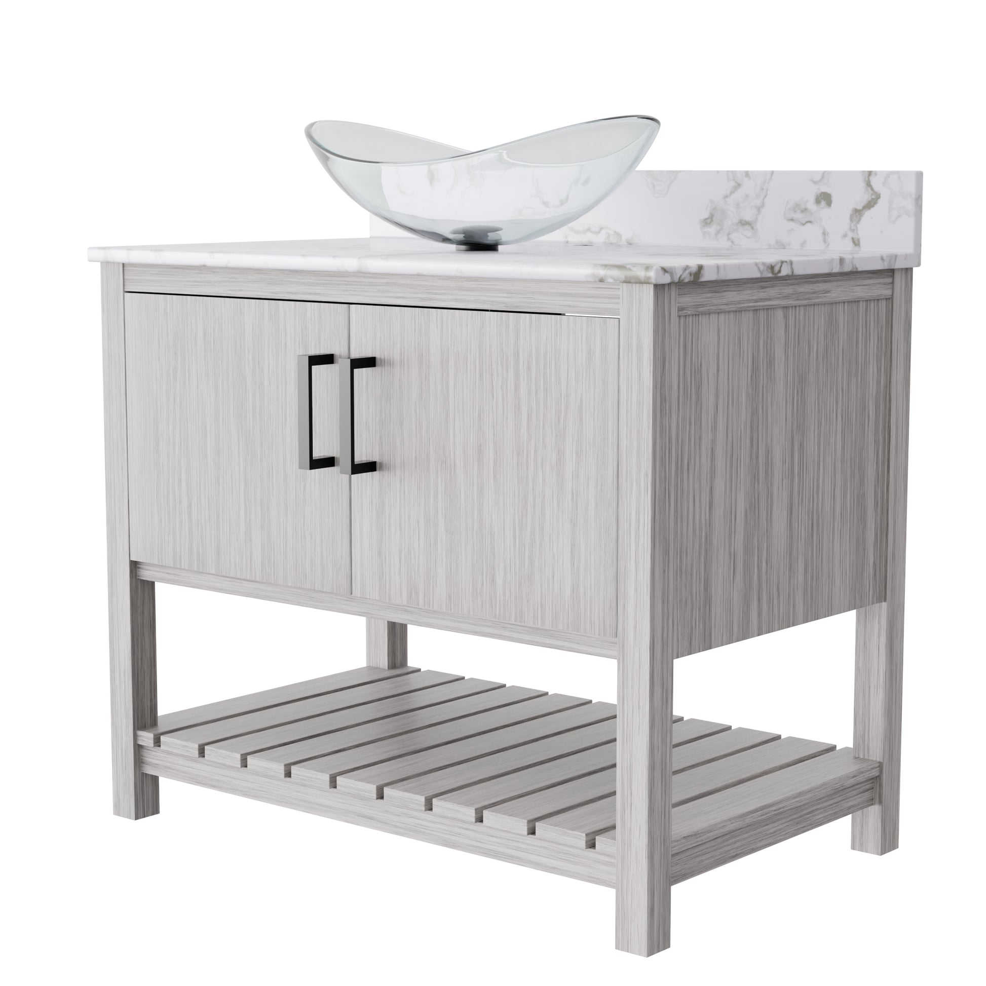 36-inch Novatto bath vanity with cafe mocha quartz countertop and sink, showcasing a modern bathroom accessory.