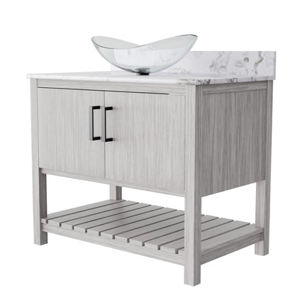 36-inch Novatto bath vanity with cafe mocha quartz countertop and sink, showcasing a modern bathroom accessory.