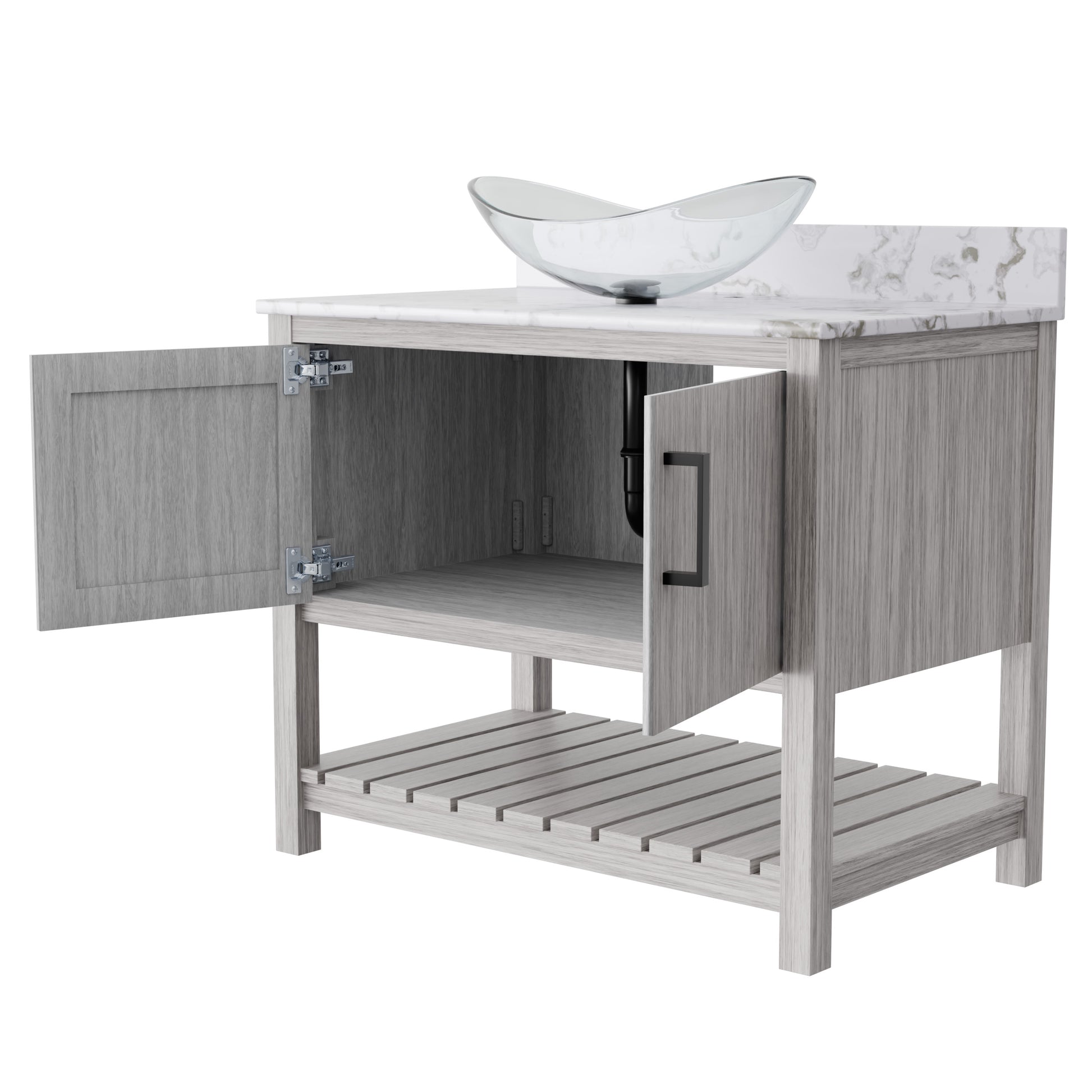 36-inch Novatto bath vanity with cafe mocha quartz counter and sink, showcasing sleek bathroom accessory design.