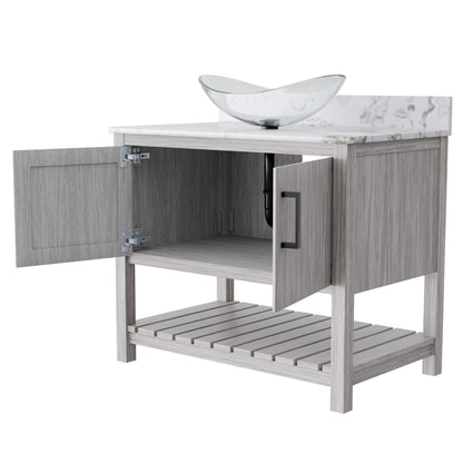 36-inch Novatto bath vanity with cafe mocha quartz counter and sink, showcasing sleek bathroom accessory design.