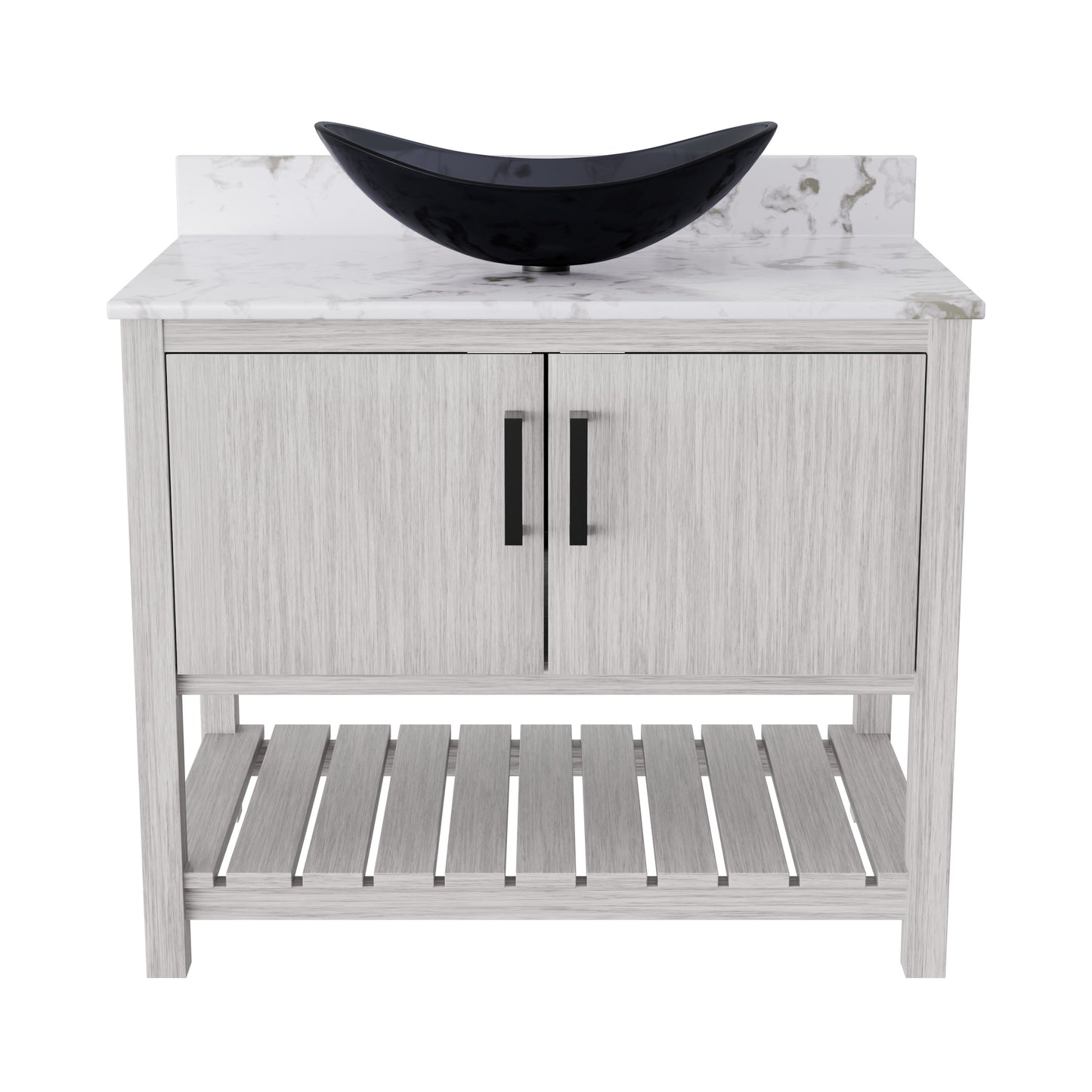 Novatto 36-inch bath vanity with cafe mocha quartz countertop and sink, showcasing sleek bathroom accessory design.