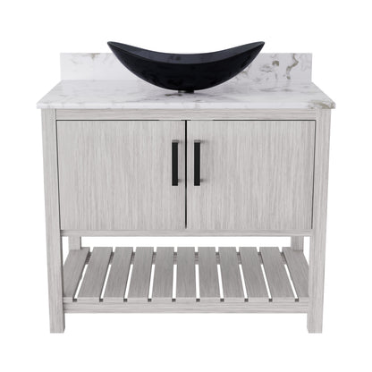 Novatto 36-inch bath vanity with cafe mocha quartz countertop and sink, showcasing sleek bathroom accessory design.