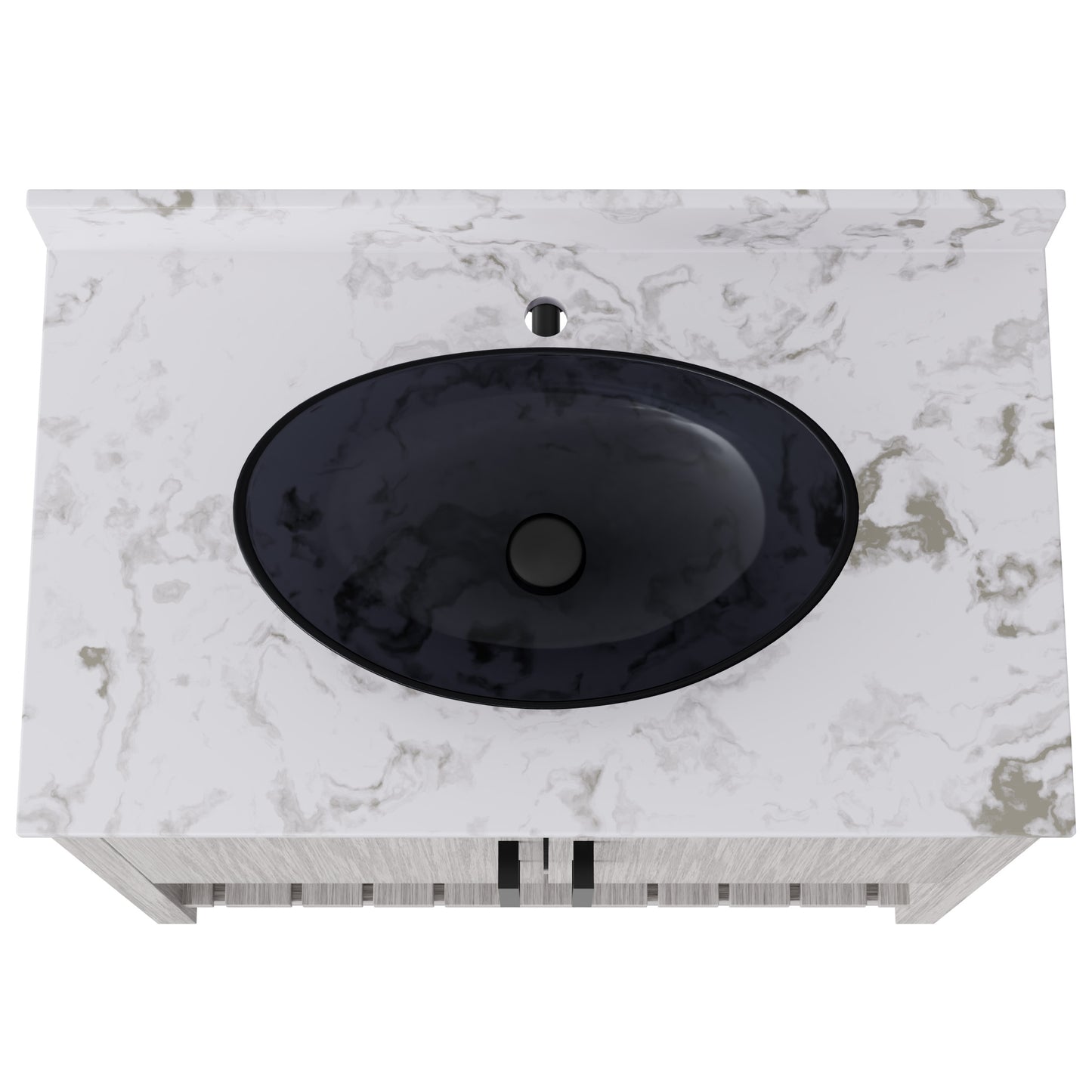 Novatto 36-inch bath vanity with cafe mocha quartz countertop and sink, shown in a sleek bathroom setting.