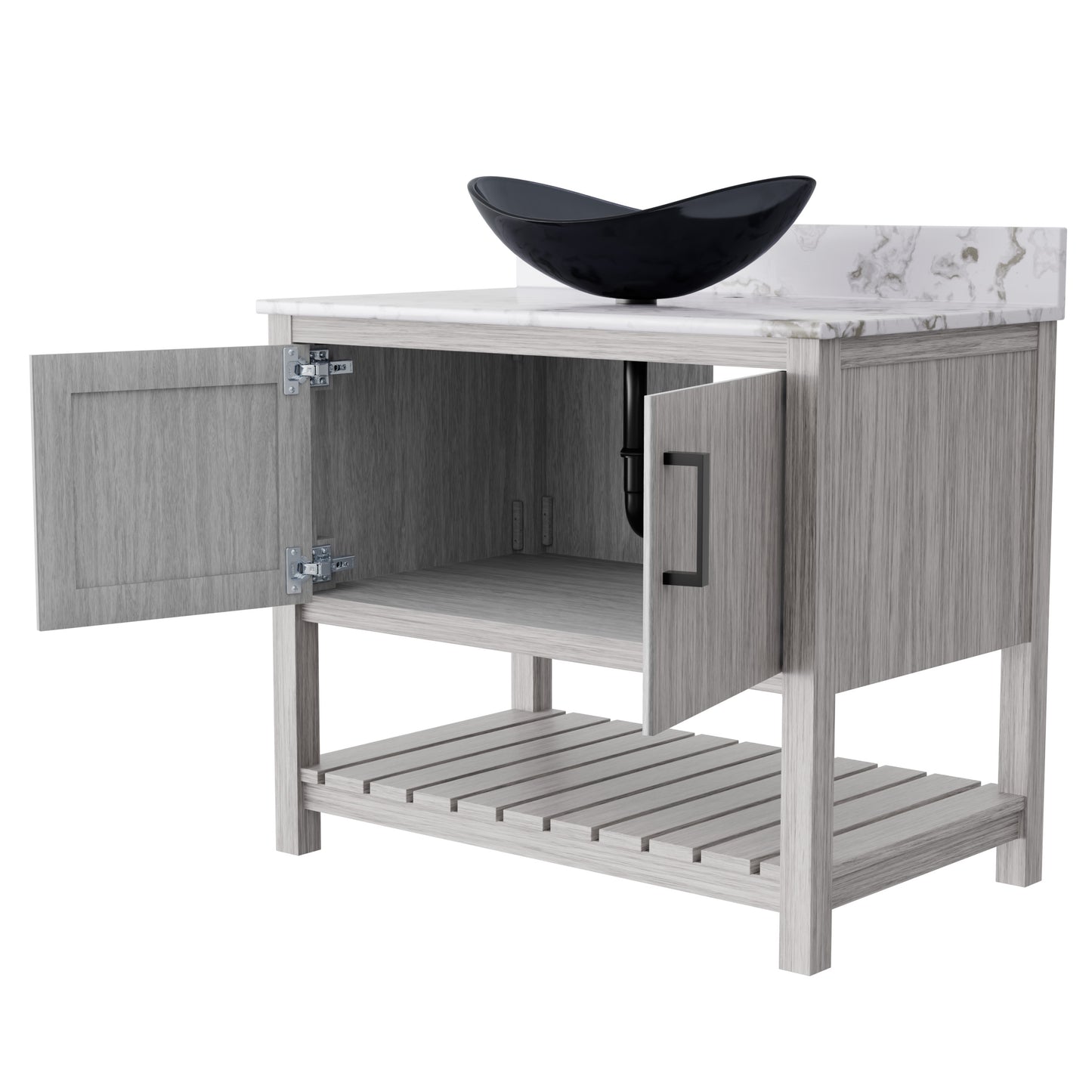 36-inch Novatto bath vanity with cafe mocha quartz counter and sink, showcasing sleek bathroom accessory design.