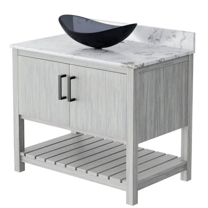 36-inch Novatto bath vanity with cafe mocha quartz counter and sink, featuring modern accessory design and sleek finish.