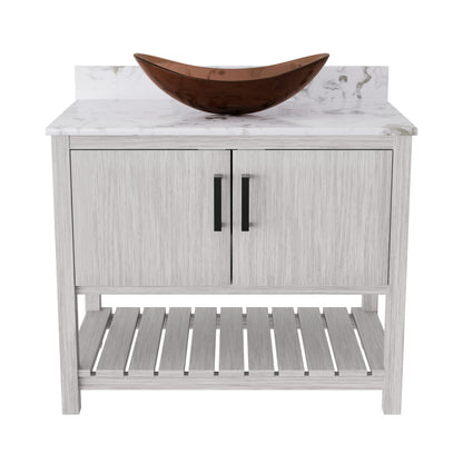 Novatto 36-inch bath vanity with cafe mocha quartz countertop and sink, showcasing sleek bathroom accessory design.