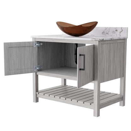 36-inch Novatto bath vanity with cafe mocha quartz countertop and sink, showcasing sleek bathroom accessory design.