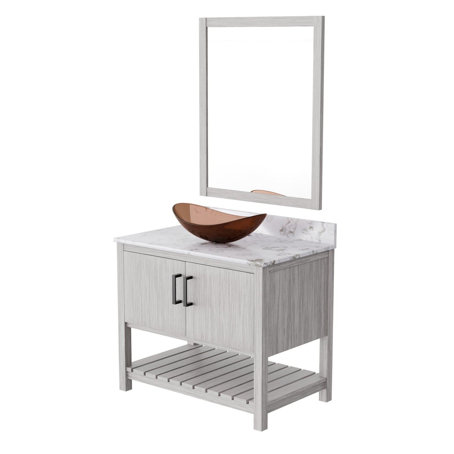 36-inch Novatto bath vanity with cafe mocha quartz counter and sink, featuring sleek, modern bathroom accessory design.