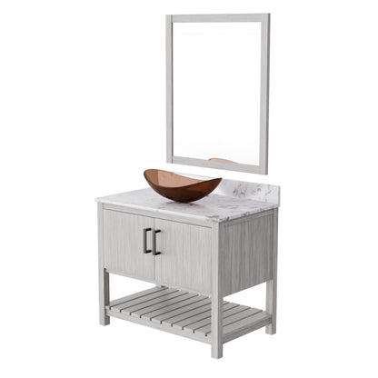 36-inch Novatto bath vanity with cafe mocha quartz counter and sink, featuring sleek, modern bathroom accessory design.