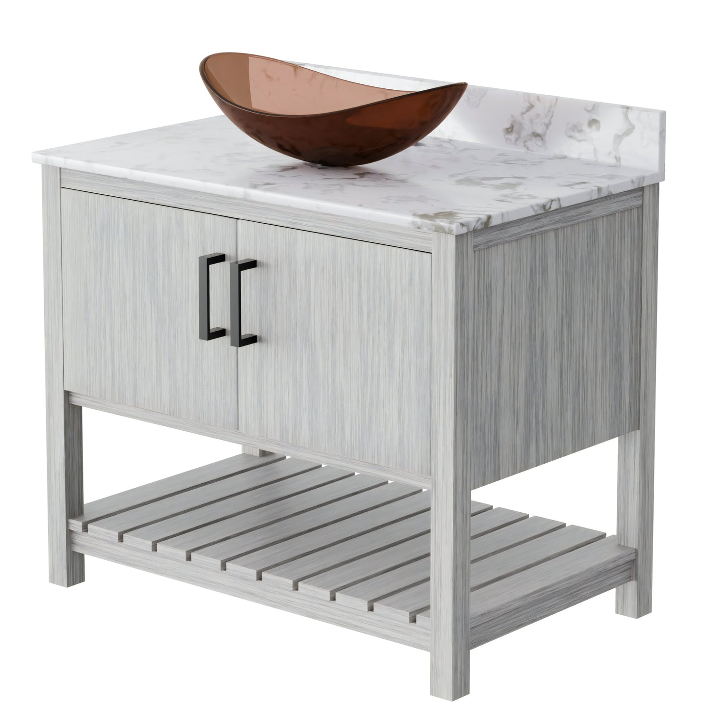 36-inch Novatto bath vanity with cafe mocha quartz countertop and integrated sink, showcasing elegant bathroom accessory design.