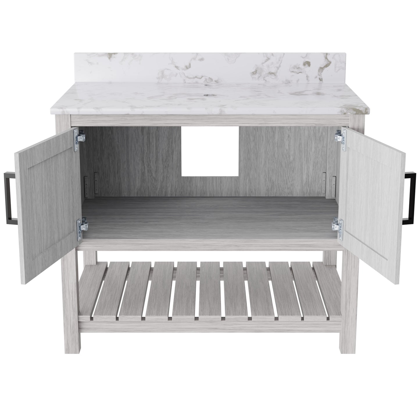 36-inch Novatto vanity with cafe mocha quartz countertop, showcasing sleek design and elegant bathroom accessory.