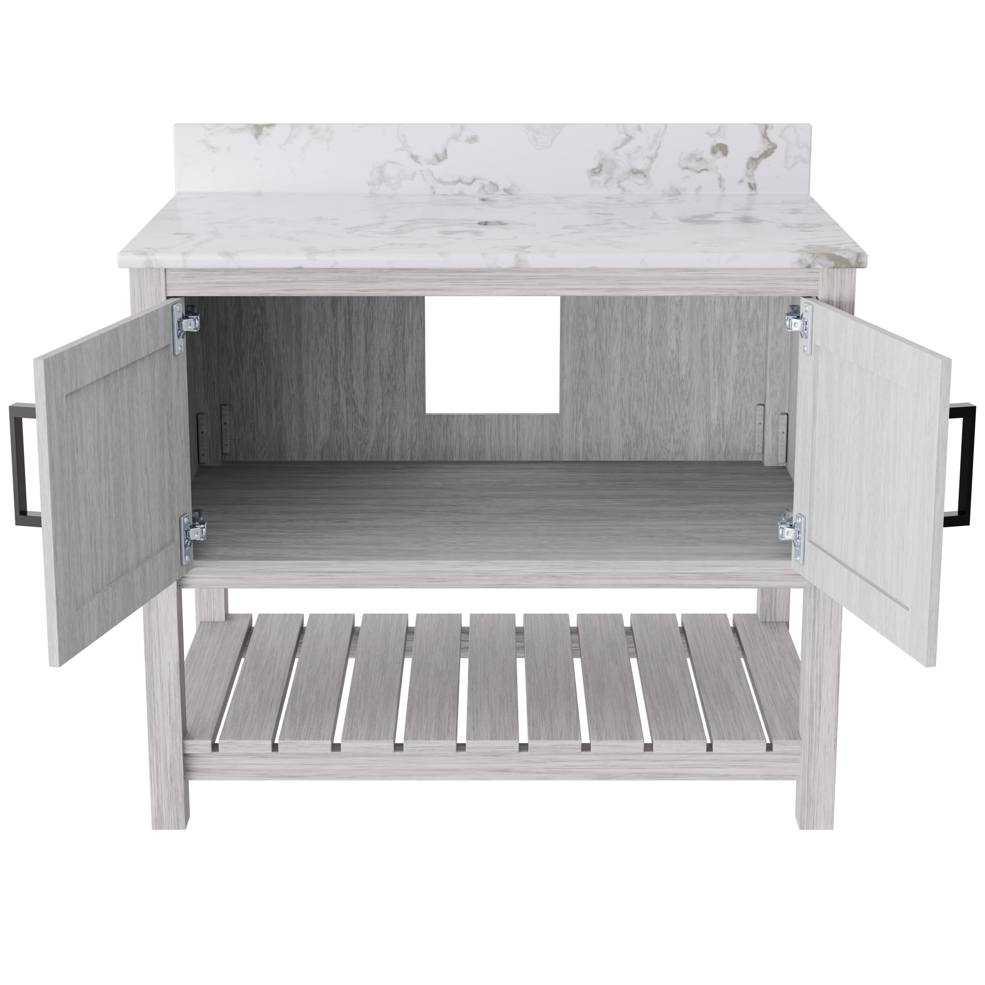 36-inch Novatto vanity with cafe mocha quartz countertop, showcasing sleek design and elegant bathroom accessory.
