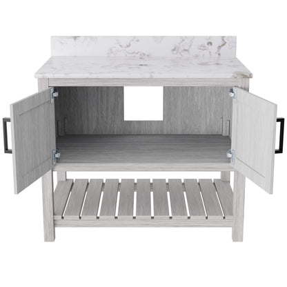 36-inch Novatto vanity with cafe mocha quartz countertop, showcasing sleek design and elegant bathroom accessory.
