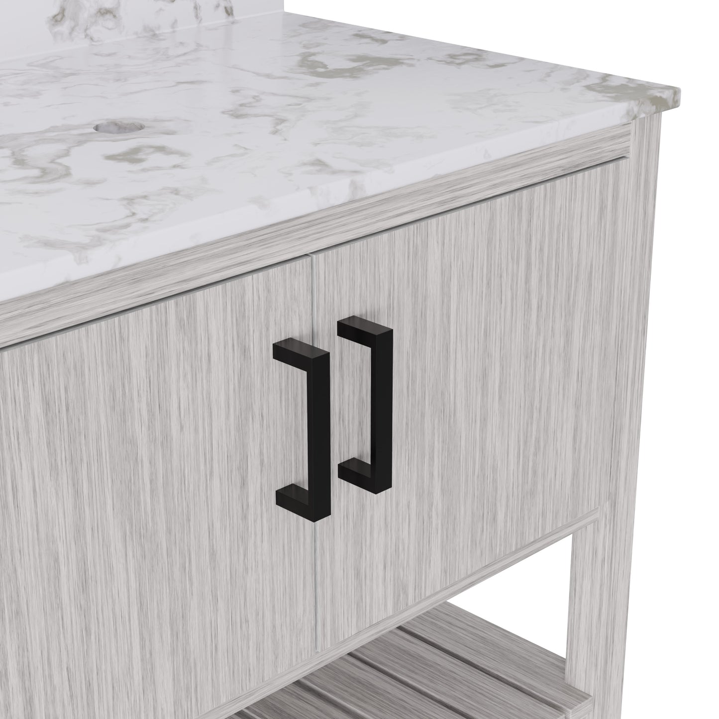 36-inch vanity with cafe mocha quartz countertop by Novatto, showcasing the sleek surface and modern bathroom accessory design.