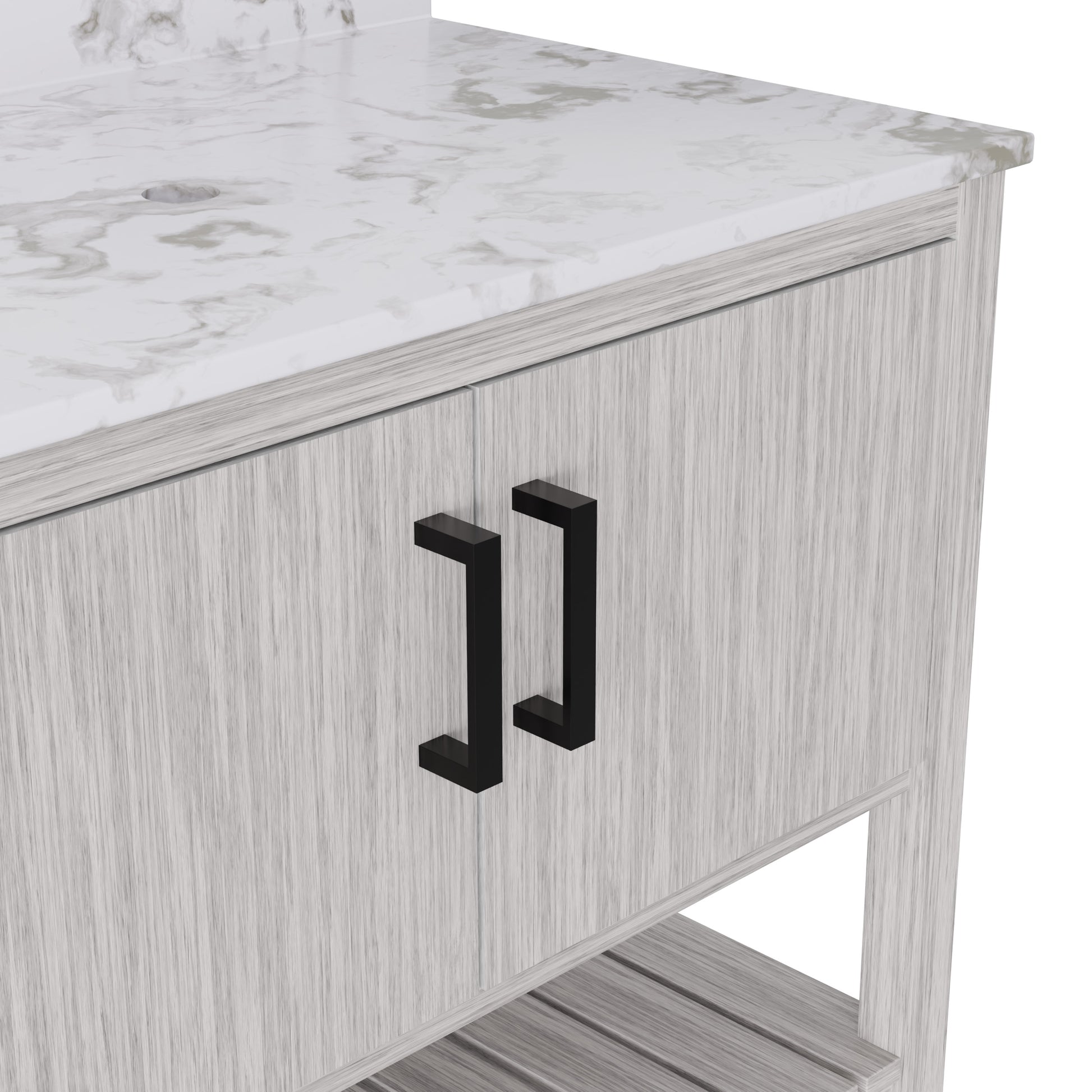 36-inch vanity with cafe mocha quartz countertop by Novatto, showcasing the sleek surface and modern bathroom accessory design.