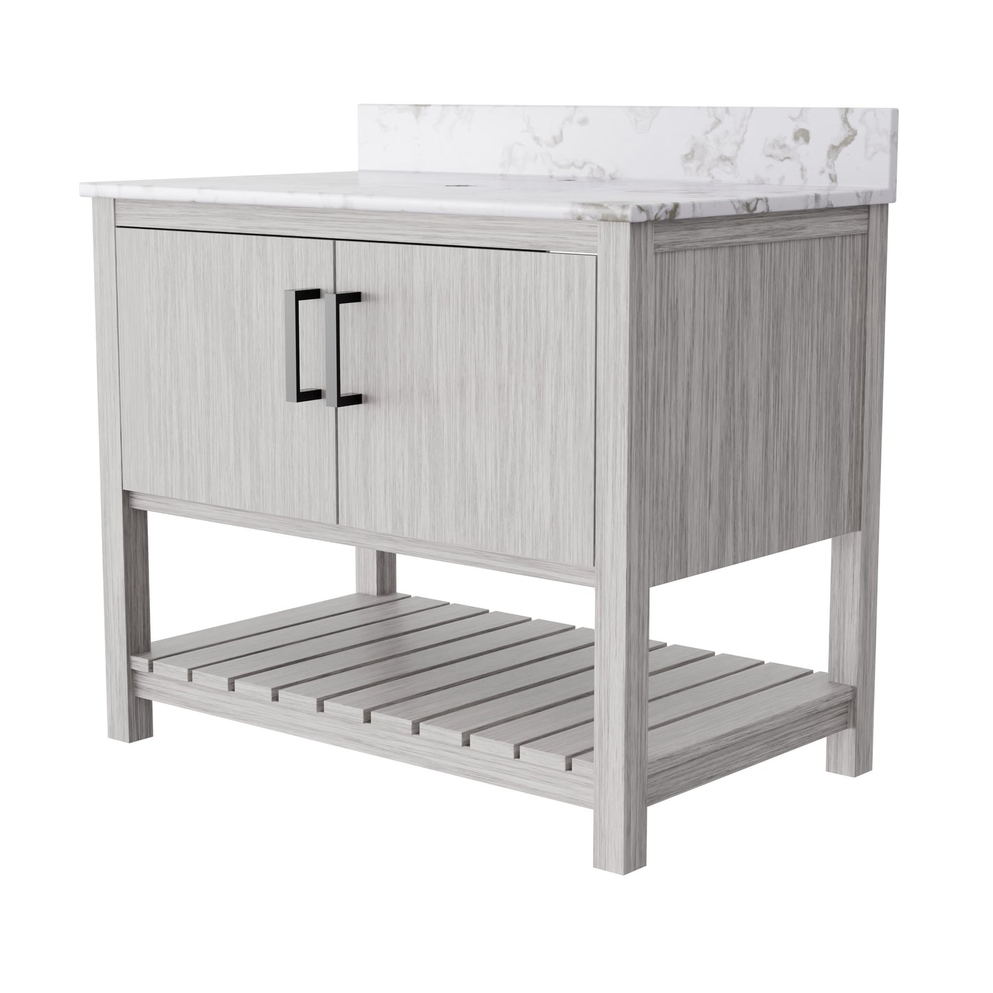 36-inch Novatto vanity with cafe mocha quartz countertop, showcasing modern bathroom accessory design and finish.