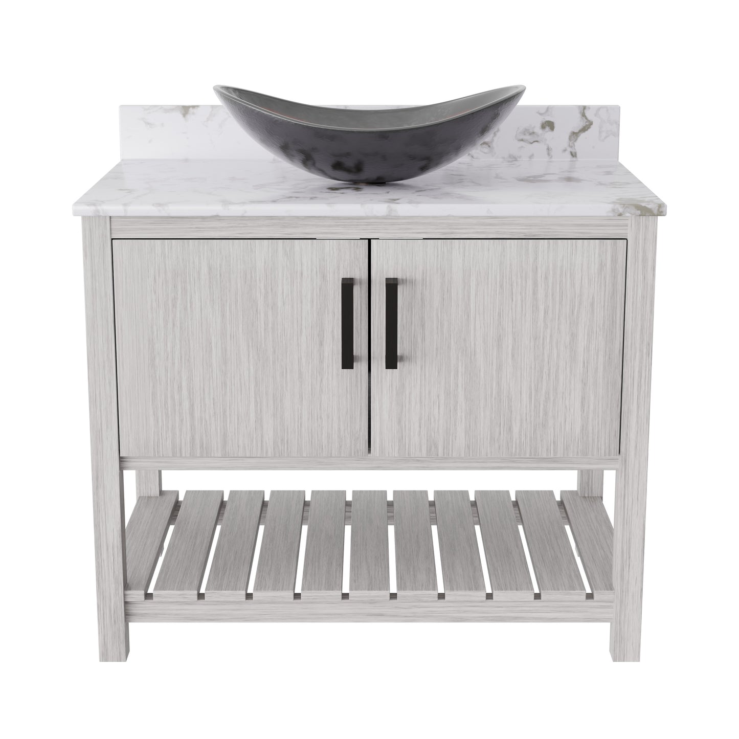 36-inch Novatto bath vanity with cafe mocha quartz counter and sink, featuring a sleek, modern bathroom accessory design.