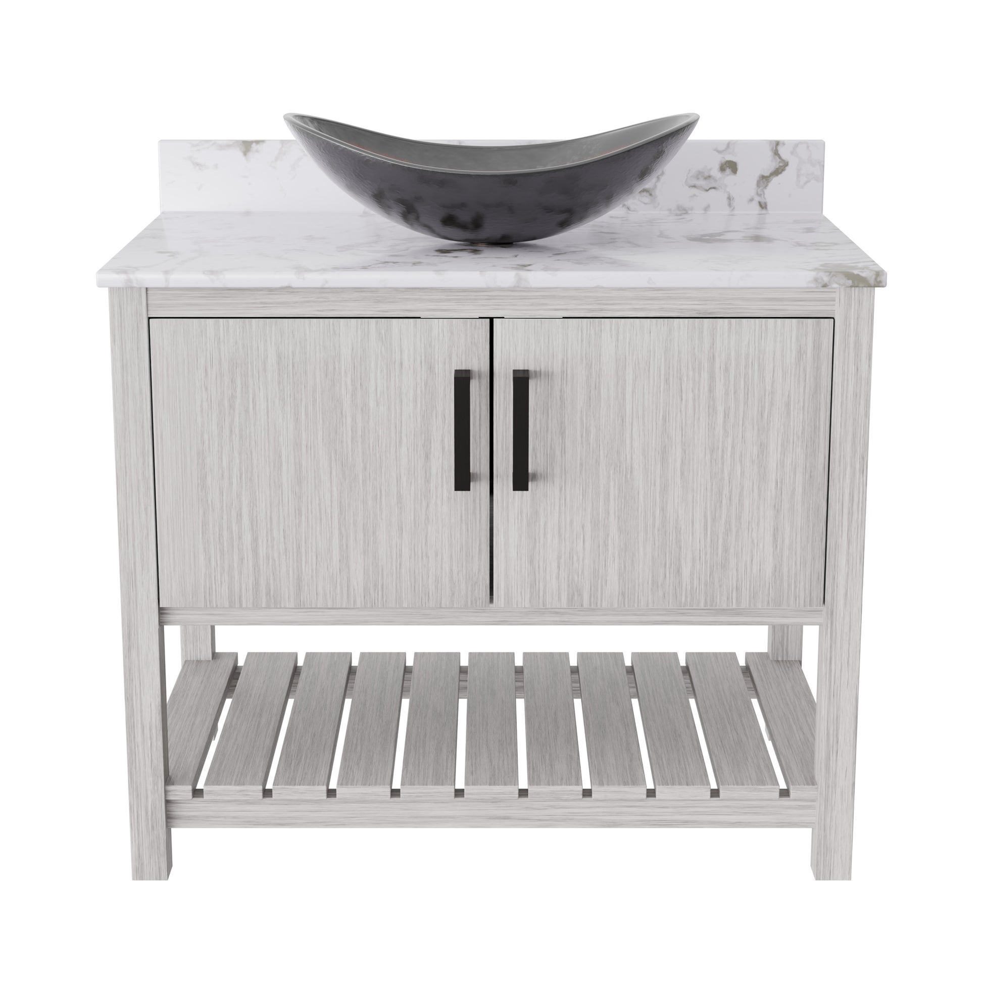 36-inch Novatto bath vanity with cafe mocha quartz counter and sink, featuring a sleek, modern bathroom accessory design.