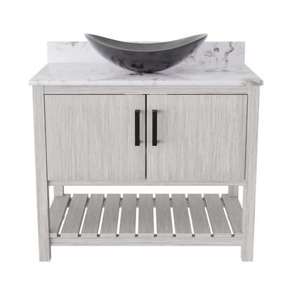 36-inch Novatto bath vanity with cafe mocha quartz counter and sink, featuring a sleek, modern bathroom accessory design.