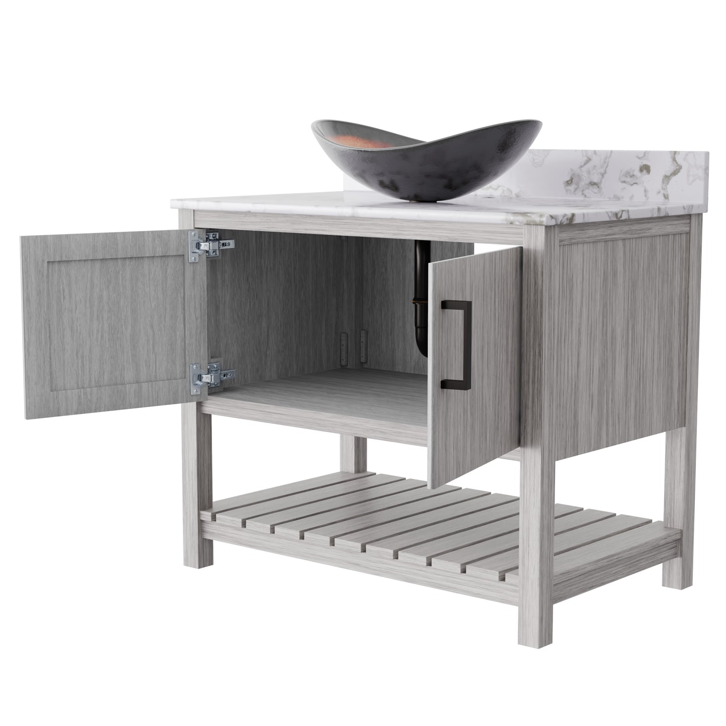 36-inch Novatto bath vanity with cafe mocha quartz countertop and sink, modern bathroom accessory with sleek design.